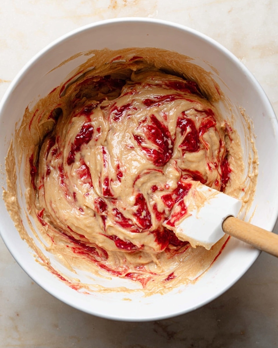 The image shows a white bowl filled with a thick batter mixed with red jam swirled throughout. The batter has a light tan color with visible small chunks inside, likely fruit pieces. The red jam creates bright streaks and pockets across the batter, giving a marbled effect. A white spatula with a wooden handle is partially dipped into the batter on the right side of the bowl, with some batter and jam coating it. The bowl is placed on a white marbled surface. photo taken with an iphone --ar 4:5 --v 7