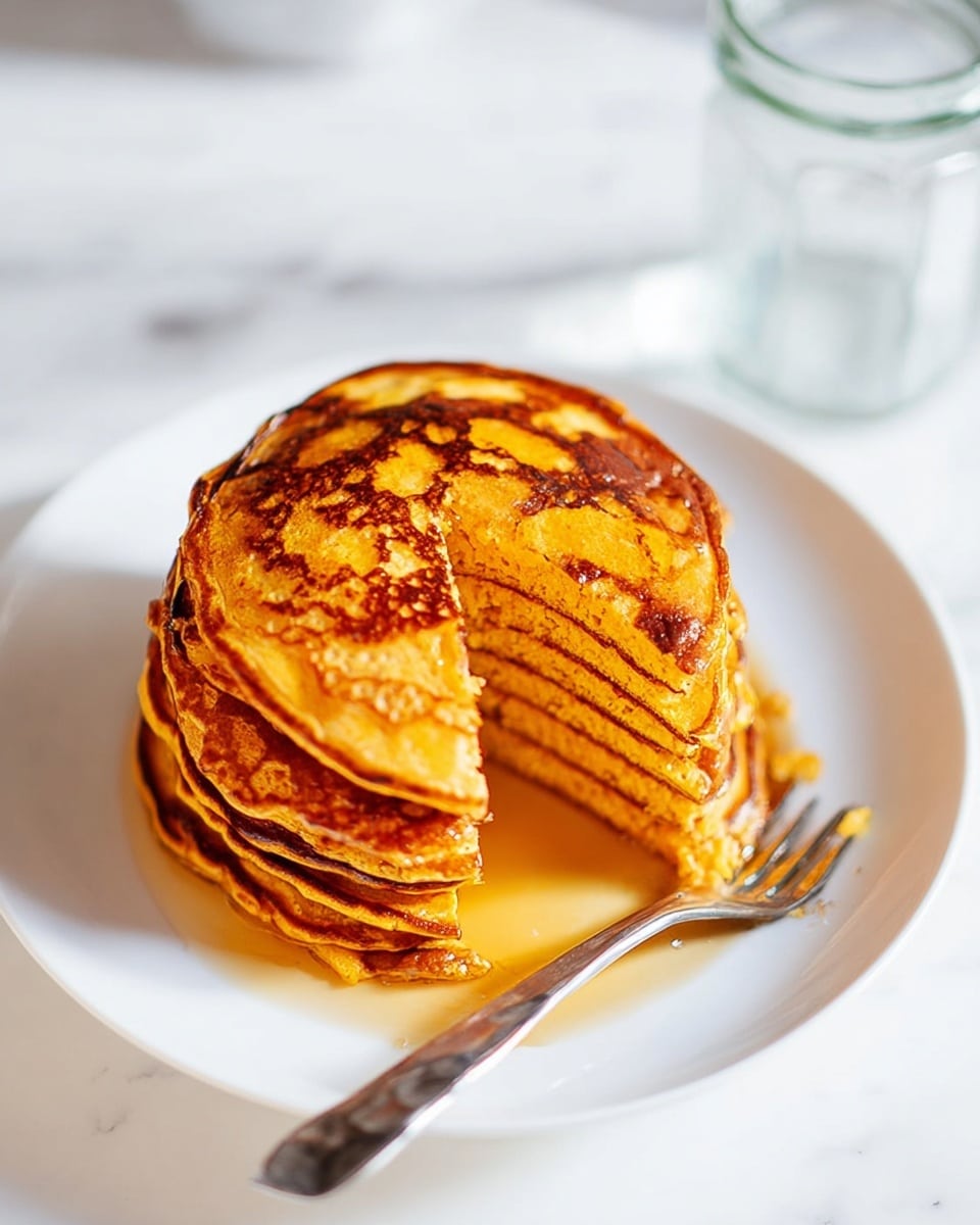 A stack of seven golden brown pancakes sits in the center of a white plate on a white marbled surface. The top pancake has a shiny, slightly uneven texture with patches of darker brown spots. One slice is cut and slightly pulled out, showing the fluffy inner layers in a warm orange-yellow color. A silver fork lies on the right side of the plate. The background is softly blurred, with a glass jar just out of focus behind the plate. Photo taken with an iphone --ar 4:5 --v 7