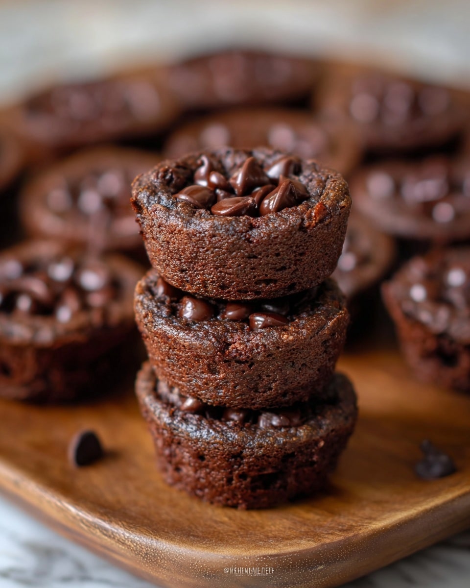 The image shows a stack of three small round chocolate brownies with a rough, slightly cracked texture on top, each studded with shiny chocolate chips that catch the light, giving a rich dark brown look. Around the stack, there are many more brownies spread out on a wooden board, all with the same chocolate chip topping and dense, fudgy texture, creating a warm and inviting scene. The background surface is a white marbled texture. Photo taken with an iphone --ar 4:5 --v 7
