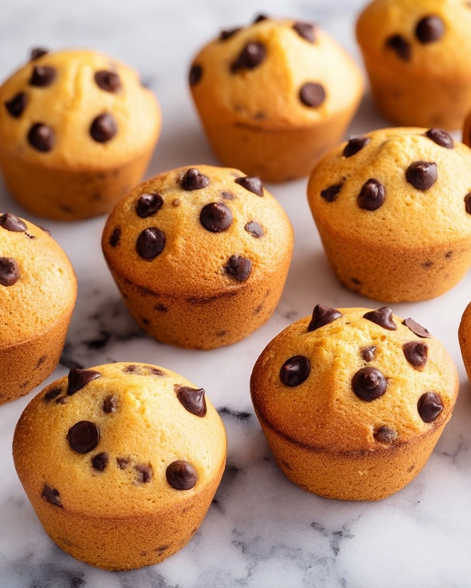 A group of golden brown muffins with smooth, rounded tops scattered with dark brown chocolate chips lay on a white marbled surface. Each muffin has around ten visible chocolate chips embedded mostly on the top layer, creating a slightly bumpy texture, while the sides are smooth and evenly baked with a light golden color. The muffins are arranged randomly, some upright and some tilted, showing their thick cylindrical shape and soft, spongy texture. photo taken with an iphone --ar 4:5 --v 7