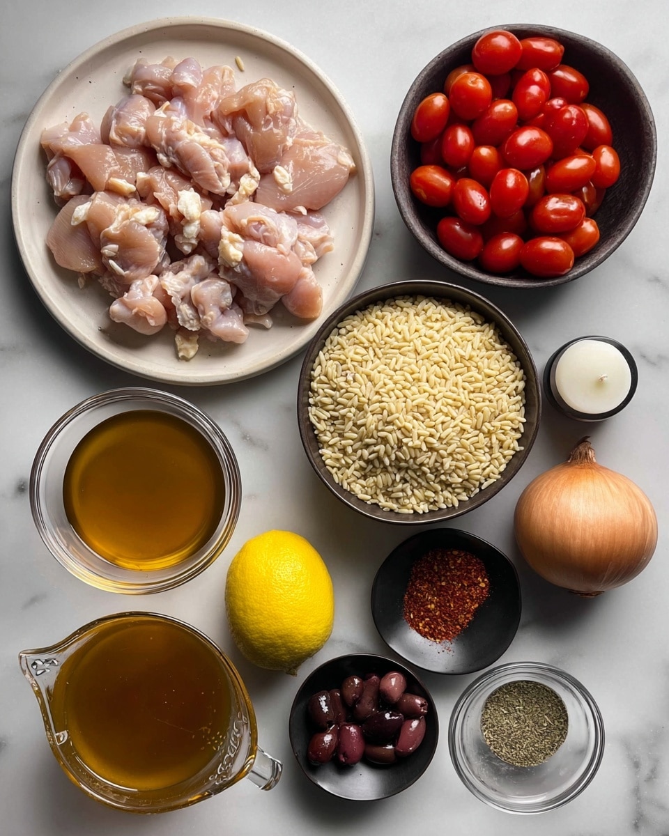 Several cooking ingredients are arranged on a white marbled surface. In the top left is a white plate holding raw chicken pieces with a light pink and shiny texture. To its right is a white wooden bowl filled with shiny red grape tomatoes. Below the plate with chicken is a dark bowl full of uncooked orzo rice, beige in color with a rough texture. Nearby, a whole golden brown onion and a bulb of white garlic rest together. Next to them is a bright yellow lemon. To the right of the lemon, two small black dishes contain dry spices – one with greenish dried herbs and the other with red chili flakes. Above these is a small clear bowl filled with dark mixed olives. Toward the bottom left is a clear glass measuring cup filled with amber broth. A small bottle and a black candle holder with a white candle complete the arrangement, along with a small clear bowl holding white crumbled cheese. photo taken with an iphone --ar 4:5 --v 7