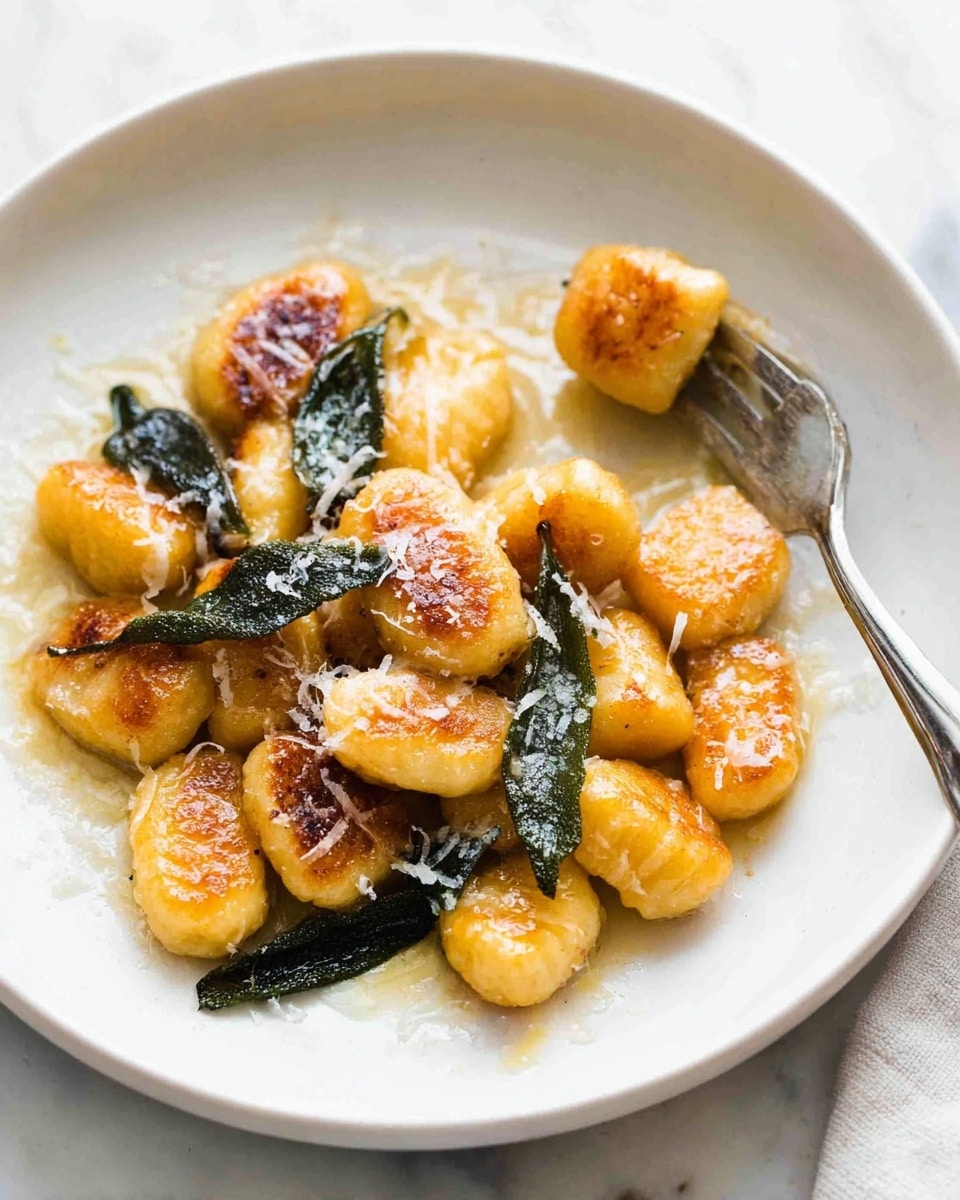 A white plate holds a serving of golden brown pan-fried gnocchi small pieces with light crisp edges, arranged in a loose pile. Dark green crisp fried sage leaves are scattered around and on top of the gnocchi. The dish is lightly coated in a shiny butter sauce that pools beneath the gnocchi. A light dusting of white grated cheese covers some pieces, adding texture. A silver fork rests near the edge of the plate, holding one piece of gnocchi. The background is a white marbled surface. photo taken with an iphone --ar 4:5 --v 7