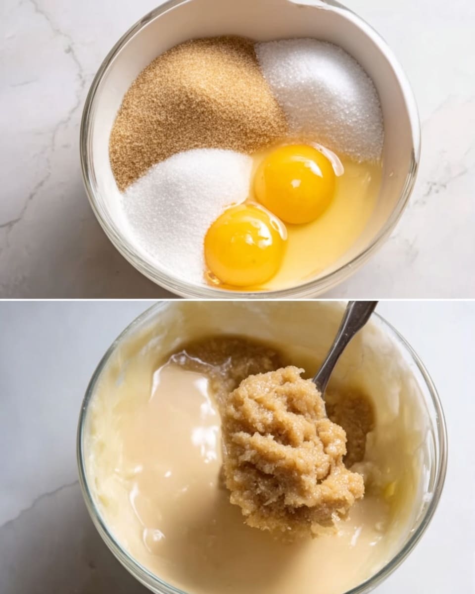 The image shows two white glass bowls on a white marbled surface. The top bowl has two raw bright yellow eggs on the right side, white granulated sugar on the lower right, and light brown sugar on the left, with a smooth, shiny texture. The bottom bowl shows a mixture with a frothy light beige liquid being poured in, a spoon holding a chunk of light golden brown mashed ingredient on the right, all blending softly. The overall colors are warm yellows, browns, and creamy whites. photo taken with an iphone --ar 4:5 --v 7