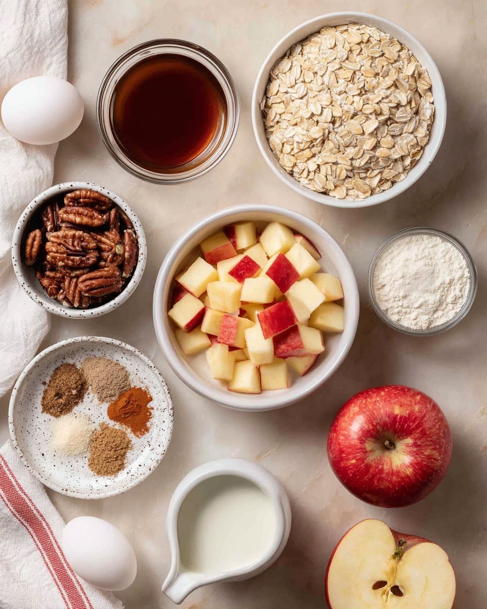 A flat lay image shows baking ingredients arranged neatly on a white marbled surface. In the center is a white bowl filled with small cubes of apple with red skin and pale flesh. To the upper right is a large white bowl filled with light beige rolled oats. Above the apple cubes is a small glass bowl with dark brown syrup. To the left of the apple cubes is a small white bowl containing dark brown pecan halves. Below the pecans is a speckled white small plate holding two piles of brown and light brown ground spices. At the bottom left are two white eggs sitting next to a folded white cloth with red and black stripes. Above the apple cubes on the right side is a small white jug filled with white milk. Below the eggs is a small white bowl with a dark red liquid. At the bottom right corner are two whole red apples, one whole and one half showing the inside flesh and seeds, next to a small white bowl with white powder. The colors are warm and natural, and the lighting is soft. photo taken with an iphone --ar 4:5 --v 7