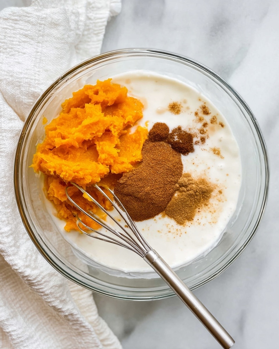 A clear glass bowl sits on a white marbled surface holding three main layers: a thick white liquid base filling most of the bowl, a bright orange chunky layer of mashed pumpkin on one side near the edge, and a pile of ground brown spices on the other side forming two shades one lighter brown sprinkled broadly and a small darker brown mound near the center. A silver whisk is placed diagonally inside the bowl with its handle resting at the bottom left corner and the whisk wires touching the orange layer. A white cloth napkin is partially visible under the bowl's bottom left edge. photo taken with an iphone --ar 4:5 --v 7