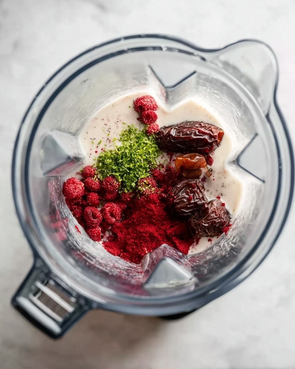 Inside a blender with clear walls, there is a mixture of several ingredients layered on top of a smooth white marbled surface. The bottom layer is a small amount of creamy white liquid, above which are bright red frozen berries scattered around. Next to the berries, there are dark brown dried dates and a small amount of bright green chopped herbs, creating a textured color contrast. The blender sits on the white marbled surface, and the photo has a clean, bright look, as if taken from above. Photo taken with an iphone --ar 4:5 --v 7