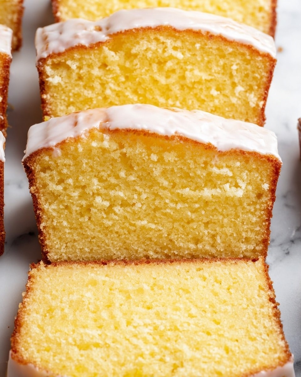 The image shows several slices of yellow pound cake with a light golden crust on the edges. Each slice has a soft, moist texture with a slightly crumbly surface, and a thin, shiny layer of white icing covers the top edge of each slice. The slices are placed close together on a white marbled surface, highlighting the contrast between the cake's warm yellow color and the white icing. The photo taken with an iphone --ar 4:5 --v 7