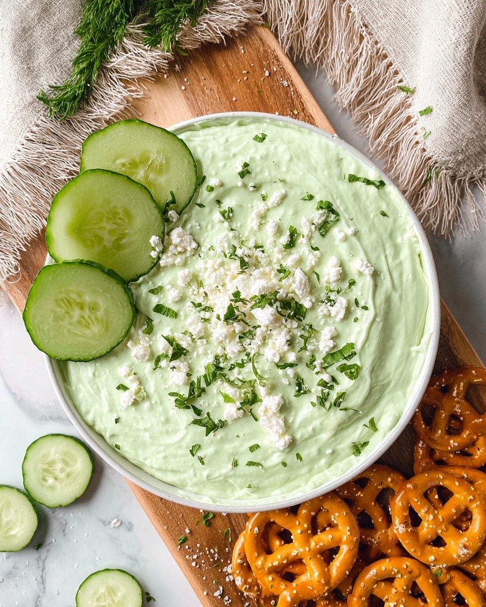 A white bowl is filled with a smooth, pale green creamy dip topped evenly with small white cheese crumbs and finely chopped fresh green herbs scattered across the surface. On one edge of the bowl, several slices of fresh cucumber with a fresh green color rest partially in the dip. The bowl sits on a wooden board that also holds a few golden-brown pretzel crackers with a shiny surface and small salt pieces. The background features a light beige fringed cloth and a white marbled surface. photo taken with an iphone --ar 4:5 --v 7