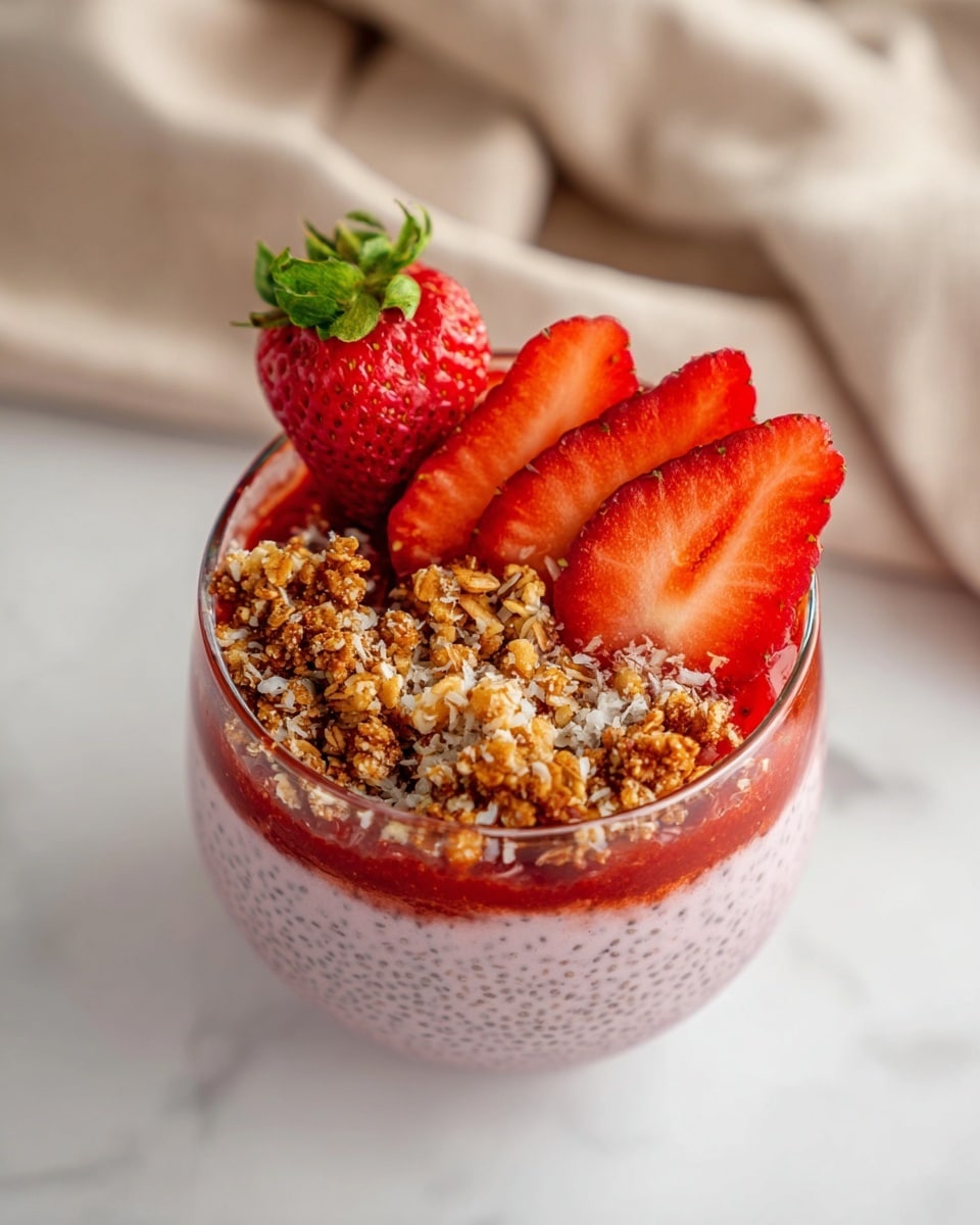 The image shows a clear glass cup filled with three main layers. The bottom layer is a light pink creamy mixture with small black chia seeds visible throughout. On top of the creamy layer is a bright red strawberry sauce that blends slightly into the chia mixture. The top layer is split between a heap of crumbly, golden-brown granola and several thinly sliced fresh strawberries, fanned out and partially covered by a large, whole strawberry with green leaves on the side. The glass is placed on a white marbled surface, with a blurred beige cloth in the background. Photo taken with an iphone --ar 4:5 --v 7
