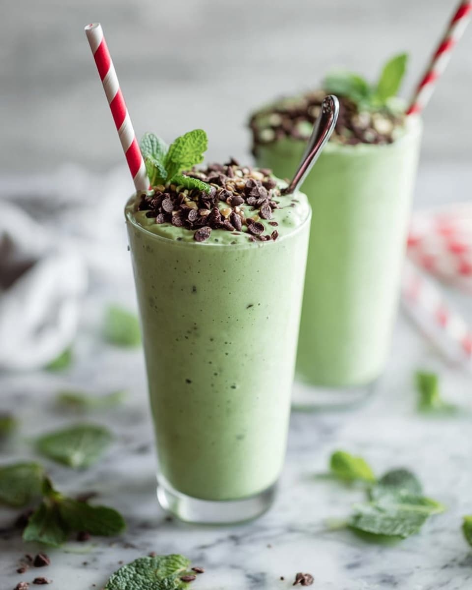 Two tall clear glasses hold a thick light green smoothie with a creamy texture, showing tiny darker bits inside. The top layer is decorated with small dark chocolate chips and some crushed nuts, sprinkled evenly. Each glass has a red and white striped straw standing upright next to a few fresh green mint leaves. A silver spoon rests inside the front glass, slightly pressing into the smoothie, and a woman's hand is gently holding the spoon. The glasses sit on a surface with a white marbled texture, with some scattered green mint leaves around, and the background is softly blurred, making the drinks the clear focus. photo taken with an iphone --ar 4:5 --v 7