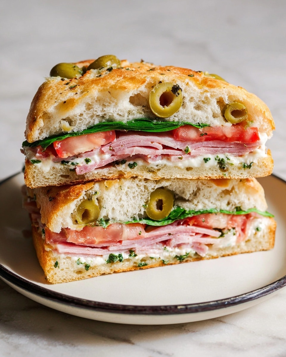 The image shows two stacked sandwich halves made with thick focaccia bread that has a golden brown, slightly crispy crust dotted with whole green olives. Inside the sandwich are visible layers including fresh green spinach leaves, thin slices of red tomato, pink slices of deli meat, and a creamy white spread. The sandwich is placed on a white plate with a dark rim on a white marbled surface. The lighting highlights the texture of the soft bread and fresh ingredients, making the sandwich look fresh and inviting. photo taken with an iphone --ar 4:5 --v 7