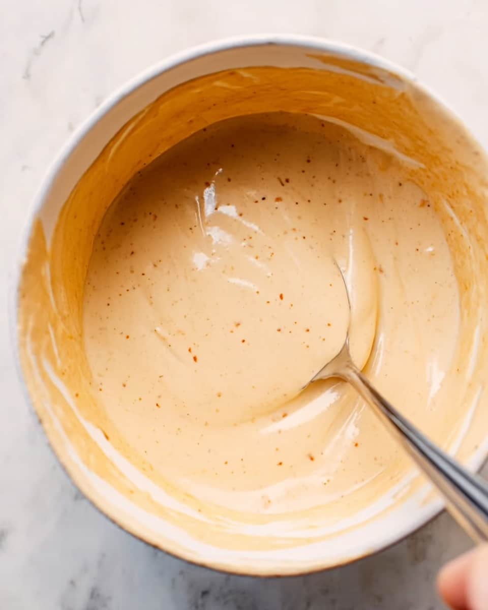 A close-up photo shows a spoon inside a white bowl filled with a smooth, creamy sauce. The sauce is light orange-beige with small bits of darker spices visible. The sides of the bowl have some sauce smear marks. A woman's hand is holding the spoon inside the bowl as it stirs the sauce. The background is a white marbled texture. photo taken with an iphone --ar 4:5 --v 7
