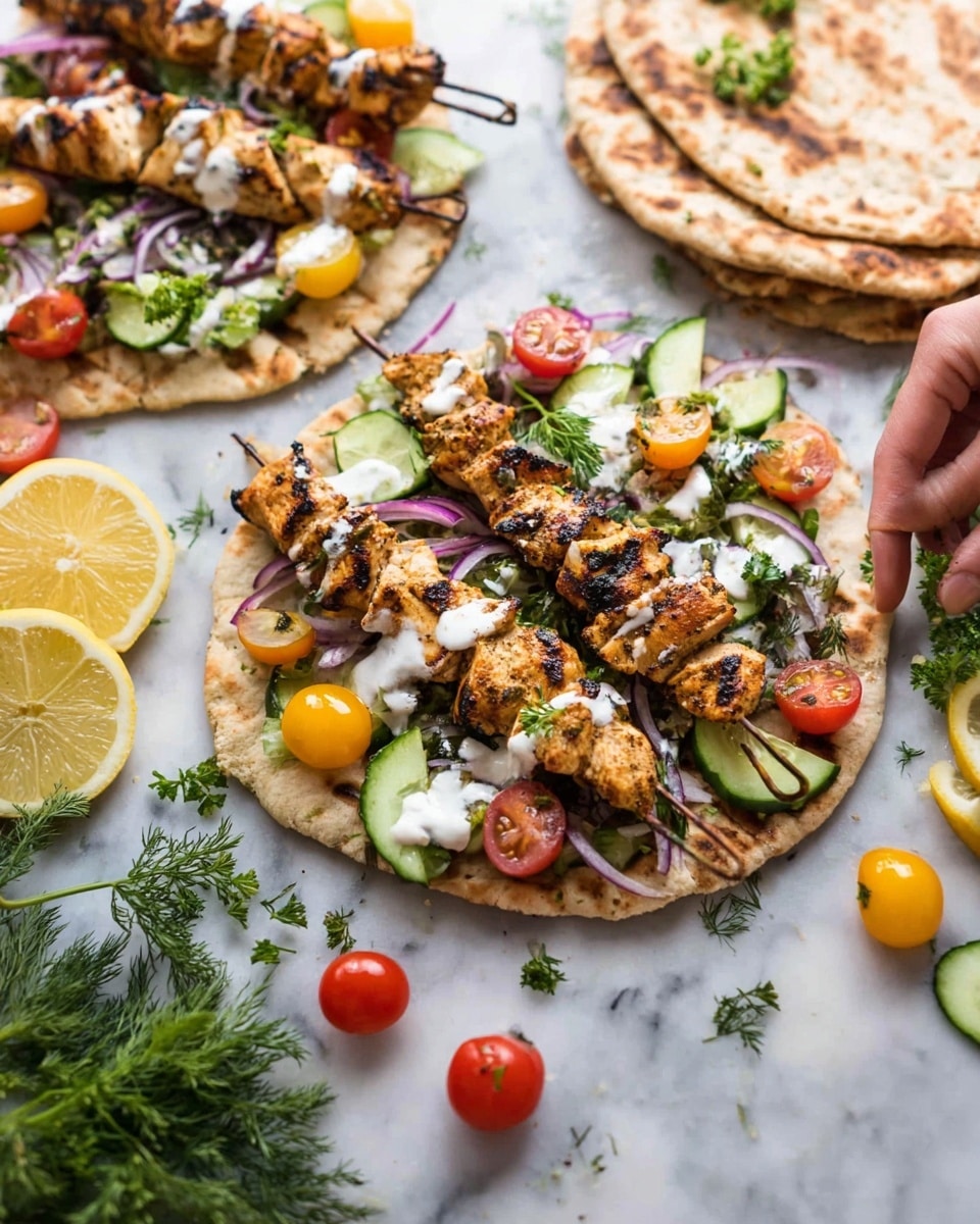 The image shows two flatbreads on a white marbled surface, each topped with two grilled chicken skewers. Each flatbread has a layer of mixed salad with green cucumber slices, halved cherry tomatoes in yellow and red, thin red onion rings, and fresh green parsley. The grilled chicken pieces on the skewers are golden brown with charred grill marks, placed diagonally on top of the vegetables. A creamy white sauce is drizzled over the chicken and salad. Lemon wedges and scattered cherry tomatoes add color around the flatbreads. The background includes more flatbreads stacked and some herbs, with a woman's hand reaching towards the food. Photo taken with an iphone --ar 4:5 --v 7