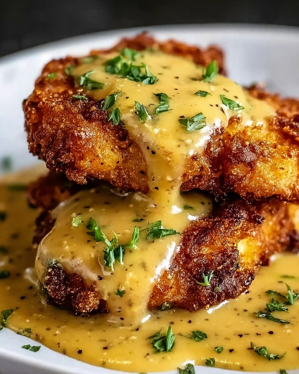 A close-up view of two golden brown fried pieces stacked on a white plate. The crispy texture of the fried layers is visible with a rich yellowish sauce poured generously over them, dripping down the sides and pooling slightly at the base. The sauce is smooth with small flecks of darker seasoning. Small green herb leaves are sprinkled on top and around the pieces, adding a fresh touch. The background is a white marbled surface. Photo taken with an iphone --ar 4:5 --v 7