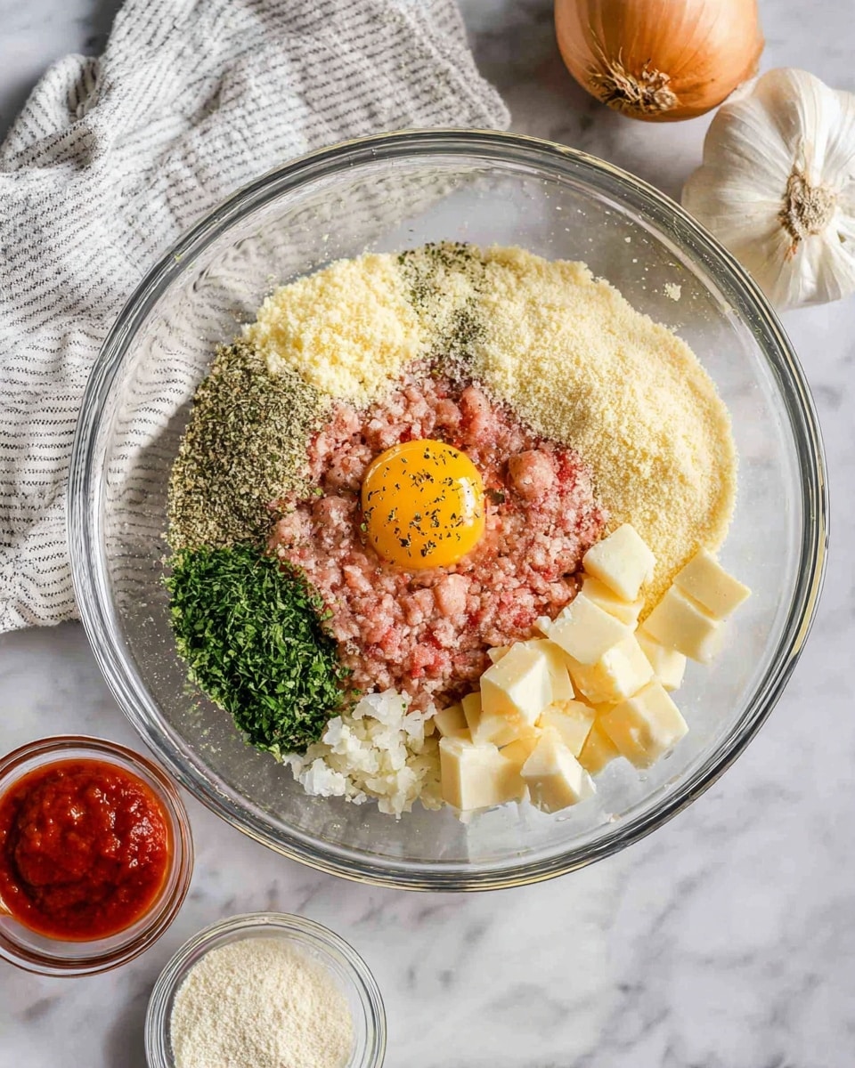 A clear glass bowl sits on a white marbled surface, filled with several layers of ingredients. At the base, there is light pink ground meat forming a large circle. On top of the meat, slightly to the right center, is a raw egg yolk with black pepper sprinkled over it. Around the egg, arranged in different sections, are pale yellow breadcrumbs, finely grated parmesan cheese, green chopped herbs, mixed dried herbs, and pale yellow cheese cubes. Near the bowl on the marble surface, there are small clear bowls containing red sauce, grated white cheese, and light-colored powdery cheese. A white and gray striped cloth is placed to the upper left corner of the image, with an onion and garlic near the top right corner. Photo taken with an iphone --ar 4:5 --v 7