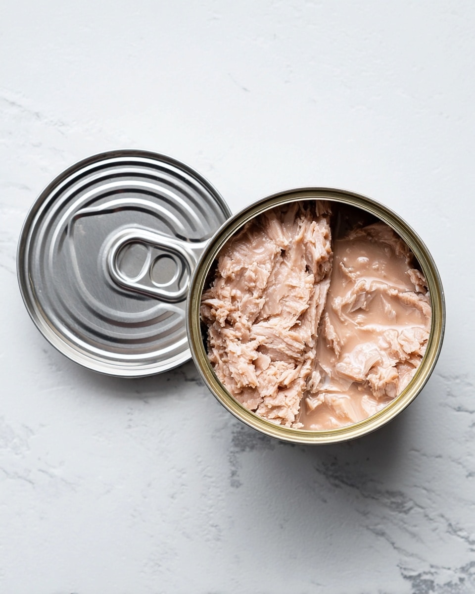 The image shows an open silver can of canned tuna with the lid placed beside it on a white marbled surface. Inside the can, large light pink layers of tuna are visible, packed tightly with some natural glossy moisture on top. The tuna has a rough texture with visible flake patterns and some small chunks mixed in. The can's circular shape and shiny metal surface reflect light gently. Photo taken with an iphone --ar 4:5 --v 7
