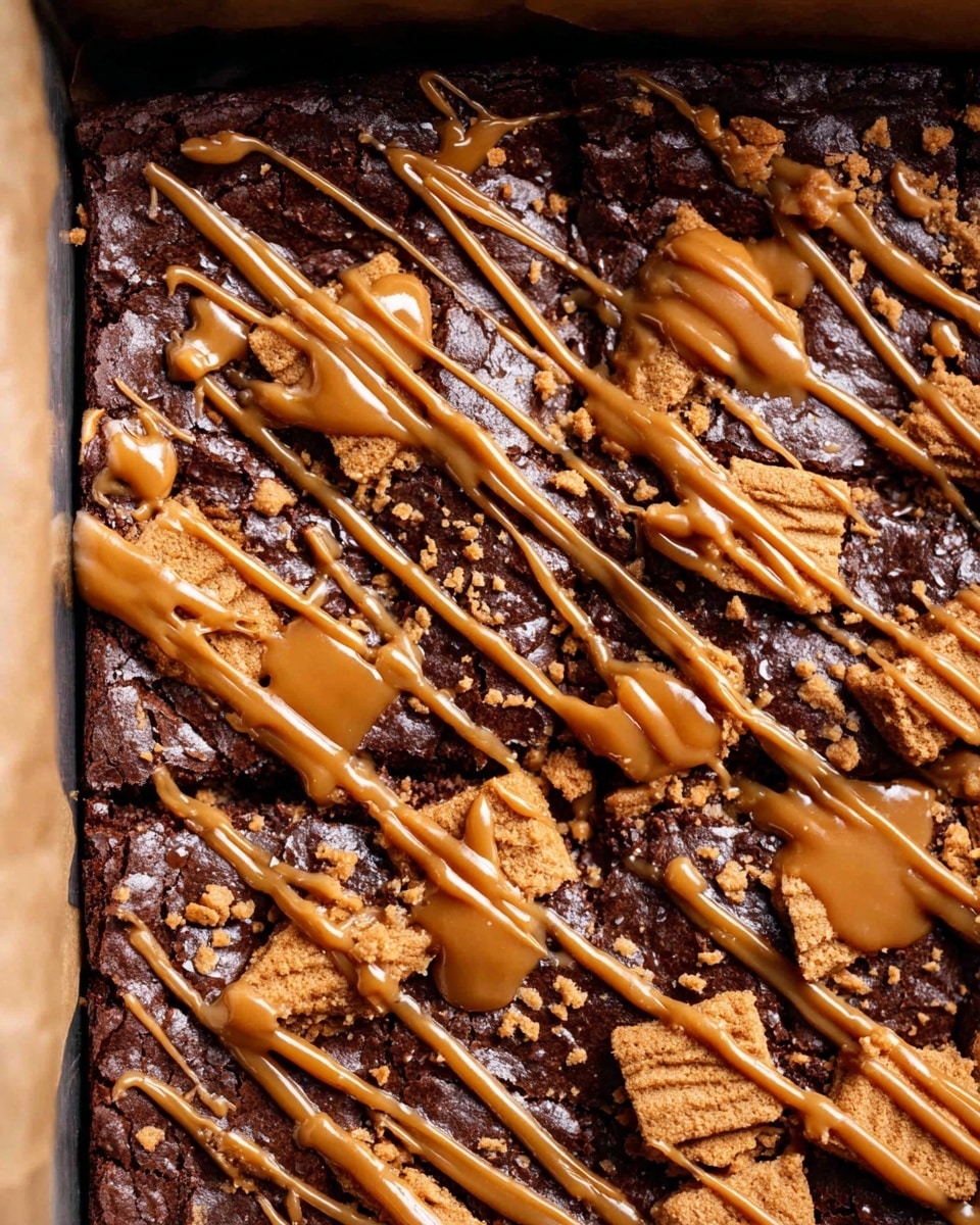 The image shows a close-up of a rectangular baked dessert in a metal pan lined with parchment paper. The base layer is a thick, shiny, dark brown chocolate brownie. On top of this, there are broken pieces of light brown cookies scattered unevenly, with some larger chunks and some smaller crumbs. The dessert is finished with drizzles of a smooth, caramel-colored sauce spread thinly and randomly over the entire surface. The metal pan is sitting on a white marbled texture. Photo taken with an iphone --ar 4:5 --v 7