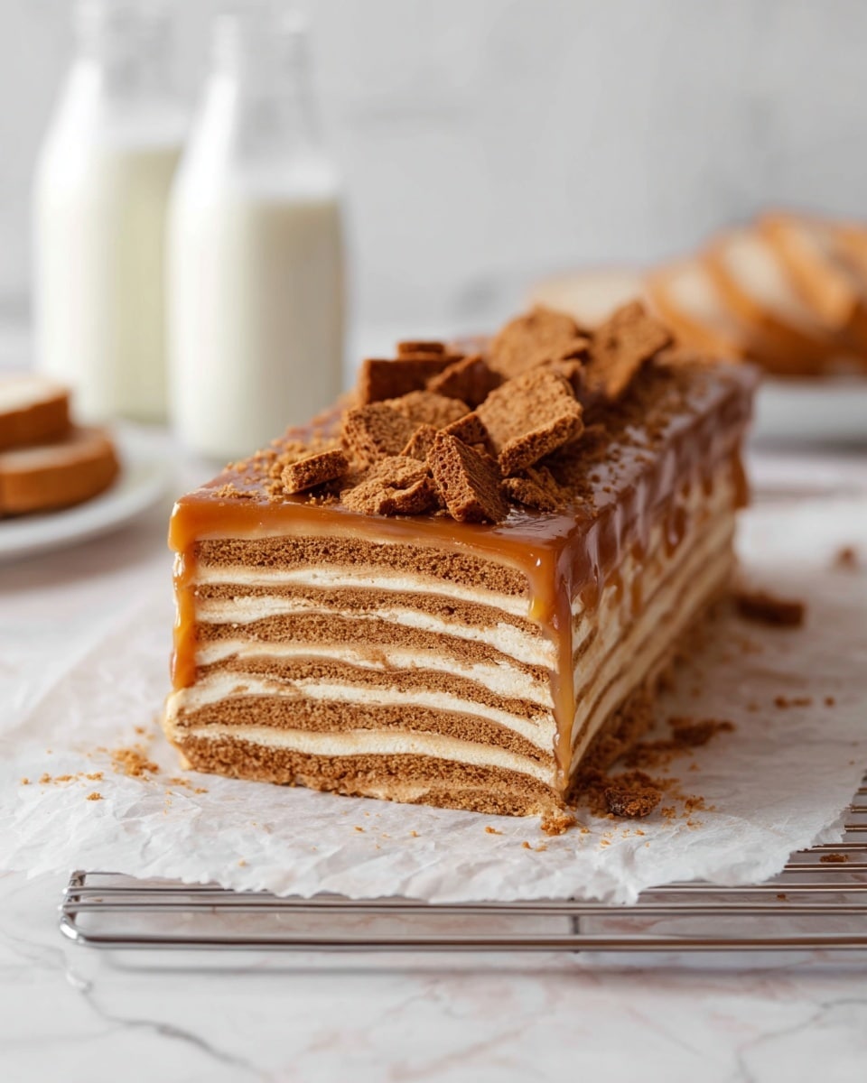The image shows a rectangular slice of layered dessert with alternating layers of light cream and brown biscuit, building up several thin layers. The top layer is smooth, glossy caramel-colored sauce with broken pieces of brown biscuits sprinkled on it. The dessert is placed on parchment paper over a wire rack on a white marbled surface. The background is soft and out of focus with a clear, neutral tone. photo taken with an iphone --ar 4:5 --v 7