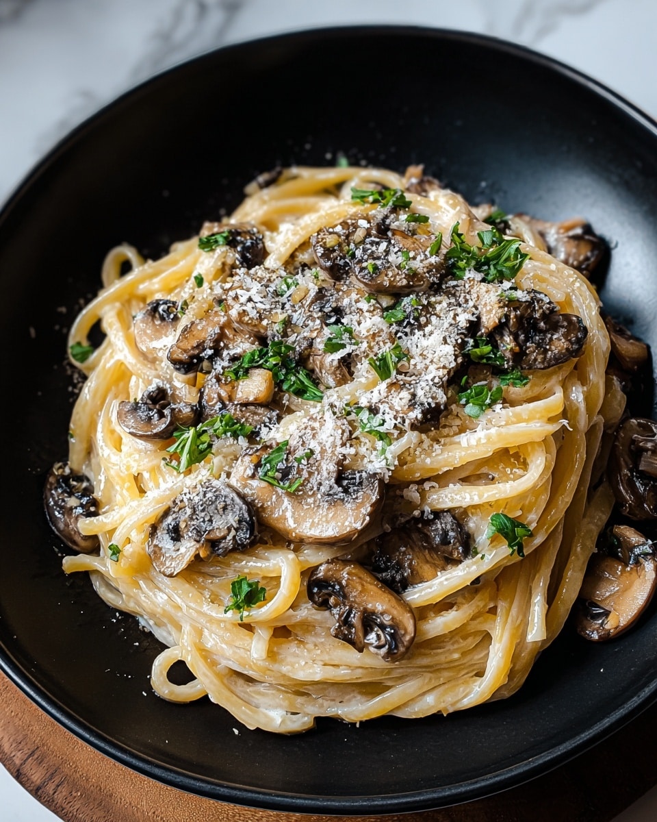 A white bowl filled with creamy pasta, with about two layers of short tubular noodles lightly coated in a rich yellowish sauce. On top, there is a generous layer of browned mushroom slices, their texture slightly shiny and soft. Small green herb leaves are scattered over the mushrooms, along with a light dusting of grated cheese that adds a fine white texture. The bowl sits on a white marbled surface, and in the blurred background, you can see a small white dish with thin pale crackers. Photo taken with an iphone --ar 4:5 --v 7
