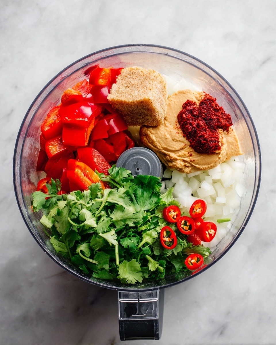 Inside a transparent round food processor bowl, there are several layers of ingredients arranged separately. At the bottom, there are white chopped onion pieces forming the base layer. On top of the onions, at the left side, bright red chopped bell peppers sit next to a brown sugar cube. On the right side, there is a pile of light beige paste and a small heap of dark red paste. In front of these pastes, fresh green cilantro leaves and stalks take up the front center area, with a few cut red chili peppers with visible seeds near the cilantro. The food processor bowl sits on a white marbled surface. photo taken with an iphone --ar 4:5 --v 7
