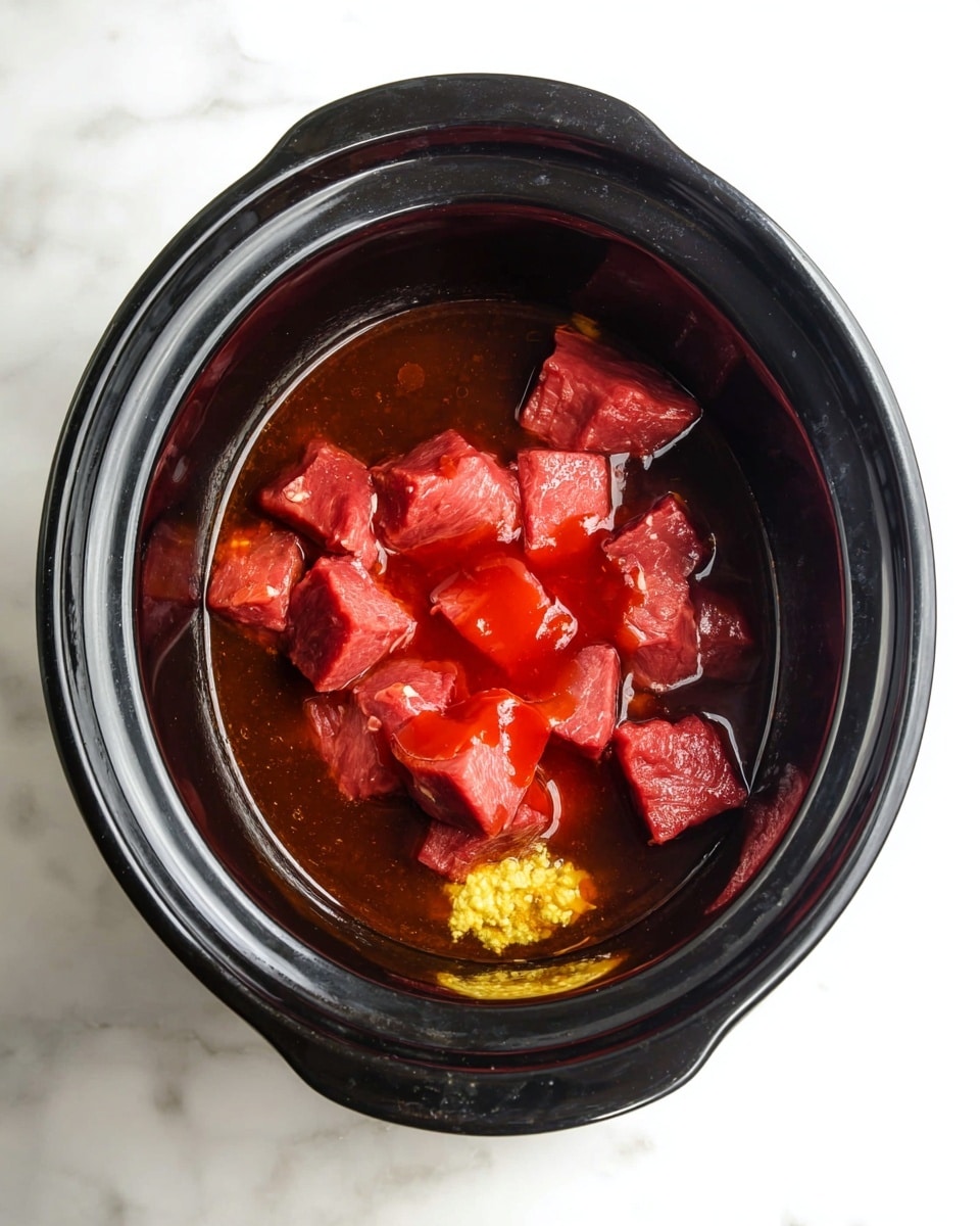 A black slow cooker holds a dark brown sauce filling the bottom layer. On top, there are several bright red chunks of raw meat scattered, with a small dollop of yellow mustard near the center. A layer of bright red sauce is drizzled over the meat pieces in the middle. The slow cooker sits on a white marbled surface. photo taken with an iphone --ar 4:5 --v 7