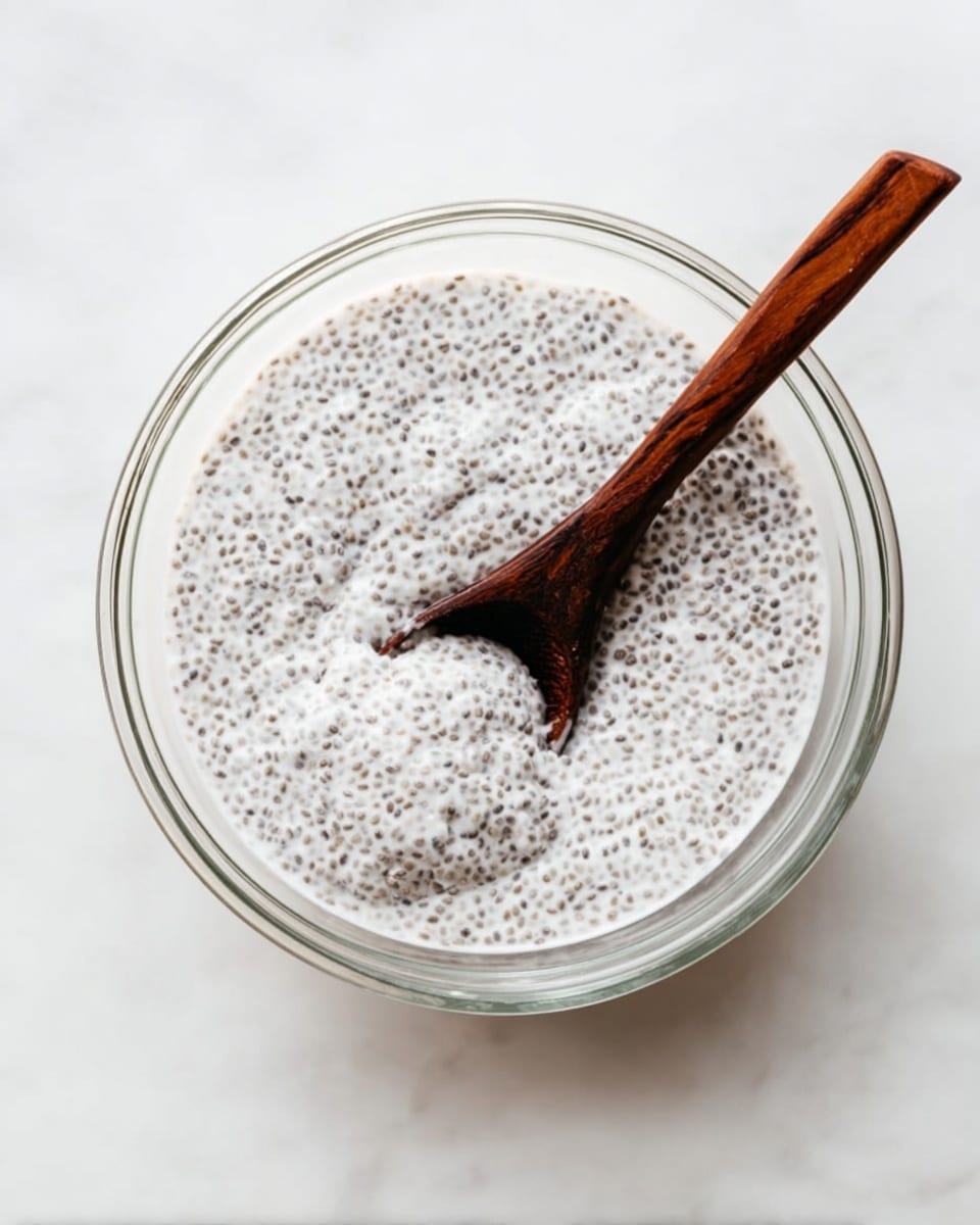 A clear glass bowl with a thick white chia seed pudding inside, showing many small black chia seeds evenly spread throughout the creamy white mixture. A dark wooden spoon rests in the bowl, partially dipped in the pudding with the handle extending out toward the bottom of the image. The bowl is on a white marbled surface that adds a soft texture in the background. photo taken with an iphone --ar 4:5 --v 7