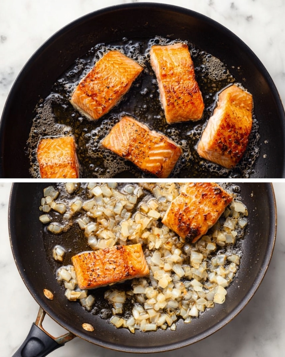 The image shows two black pans on a white marbled surface. The first pan contains four pieces of salmon, each with a golden brown sear on top and light juices bubbling around them. They are arranged in a scattered pattern, with the salmon pieces showing a pink-orange color beneath the seared tops. The second pan has tiny pieces of diced onions cooking in melted butter, with a mix of white and golden-brown colors as they soften and fry evenly across the pan's base. The texture of the onions appears soft with some crisp edges. photo taken with an iphone --ar 4:5 --v 7