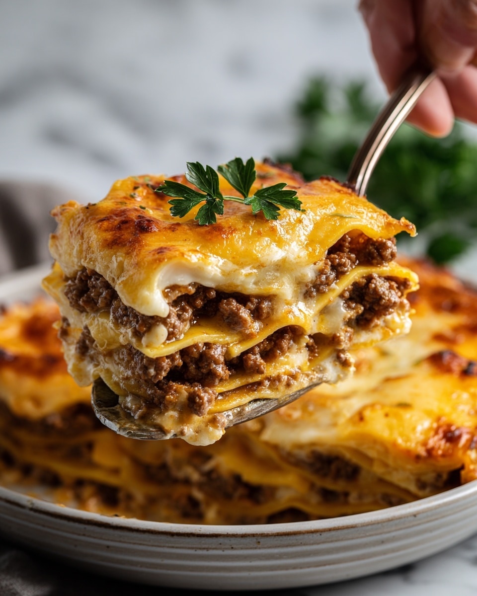 A close-up view shows a thick slice of lasagna being lifted with a silver spoon, held by a woman's hand. The lasagna has three main layers of pasta sheets, golden-yellow in color, each separated by layers of seasoned ground meat that is rich brown and crumbly. Between the pasta and meat layers, there is a melted cheese layer that is creamy white and light orange with a glossy texture. The top layer is covered with melted, slightly browned cheese that looks soft and stretchy with some hints of orange and golden brown spots. A small green parsley leaf decorates the top, adding a fresh touch. The lasagna is served in a white plate resting on a white marbled surface. Photo taken with an iphone --ar 4:5 --v 7