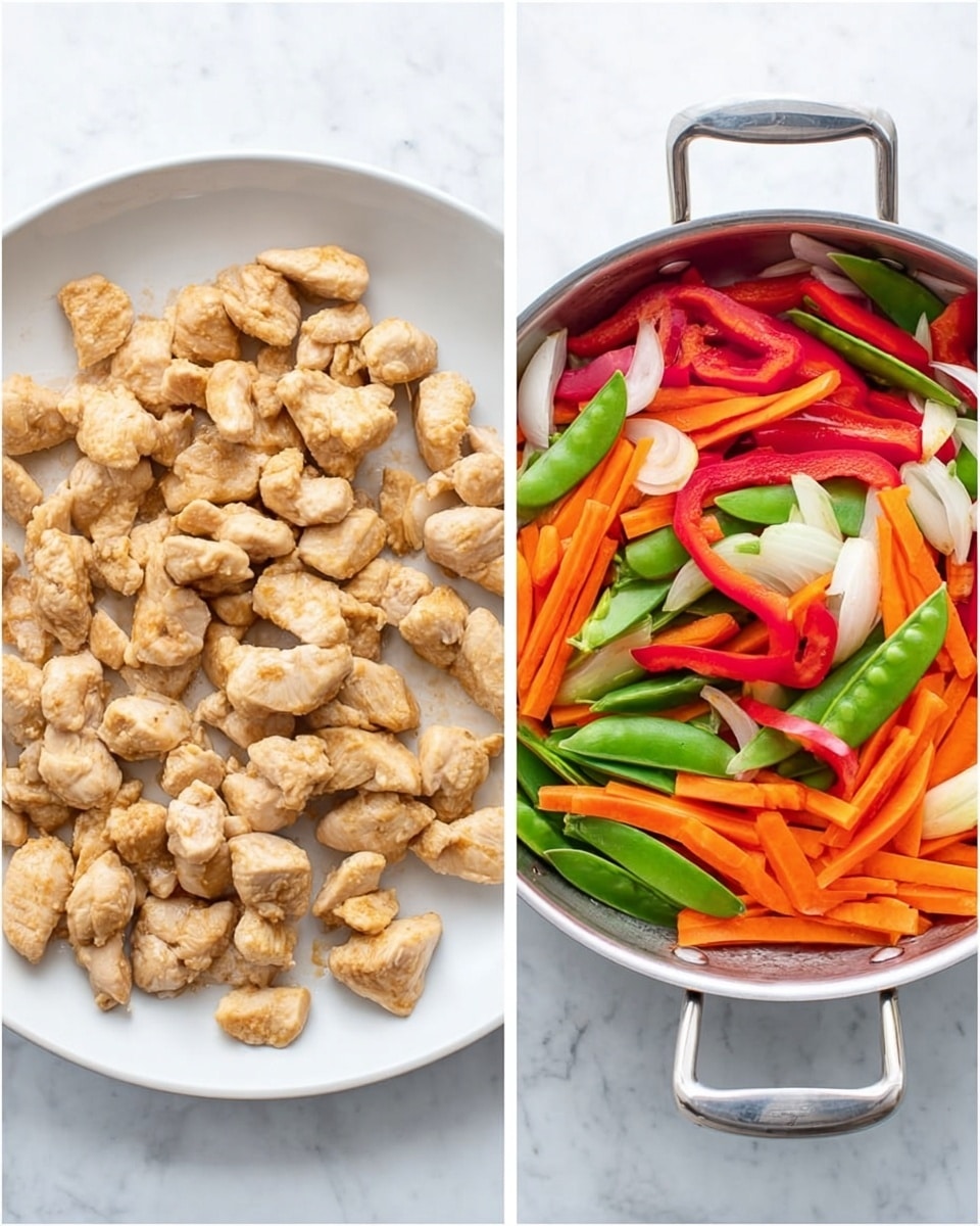The image shows two side-by-side parts of food preparation on a white marbled surface. On the left side, chunks of cooked light golden brown chicken pieces are spread out evenly on a large white plate. On the right side, bright orange carrot sticks, green snow peas, white onion pieces, and red bell pepper slices rest inside a silver pan with two handles, showing a fresh and colorful mix of vegetables. photo taken with an iphone --ar 4:5 --v 7