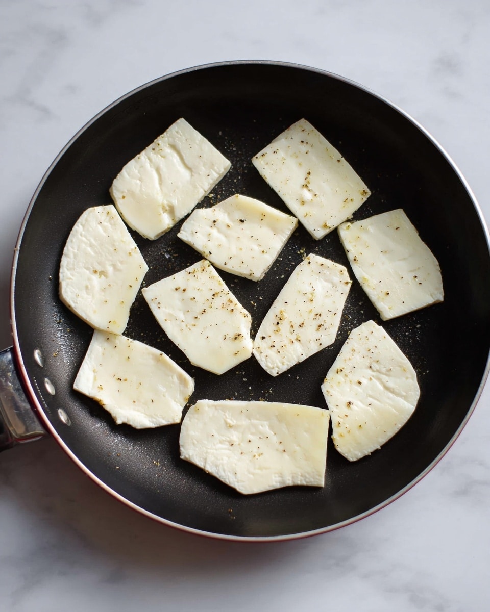 A black frying pan filled with eleven pieces of white cheese slices arranged evenly across the pan’s surface. Each slice is flat and smooth, some with very light seasoning of black pepper on top. The pan rests on a white marbled countertop. The cheese slices are fresh and have a creamy texture. photo taken with an iphone --ar 4:5 --v 7