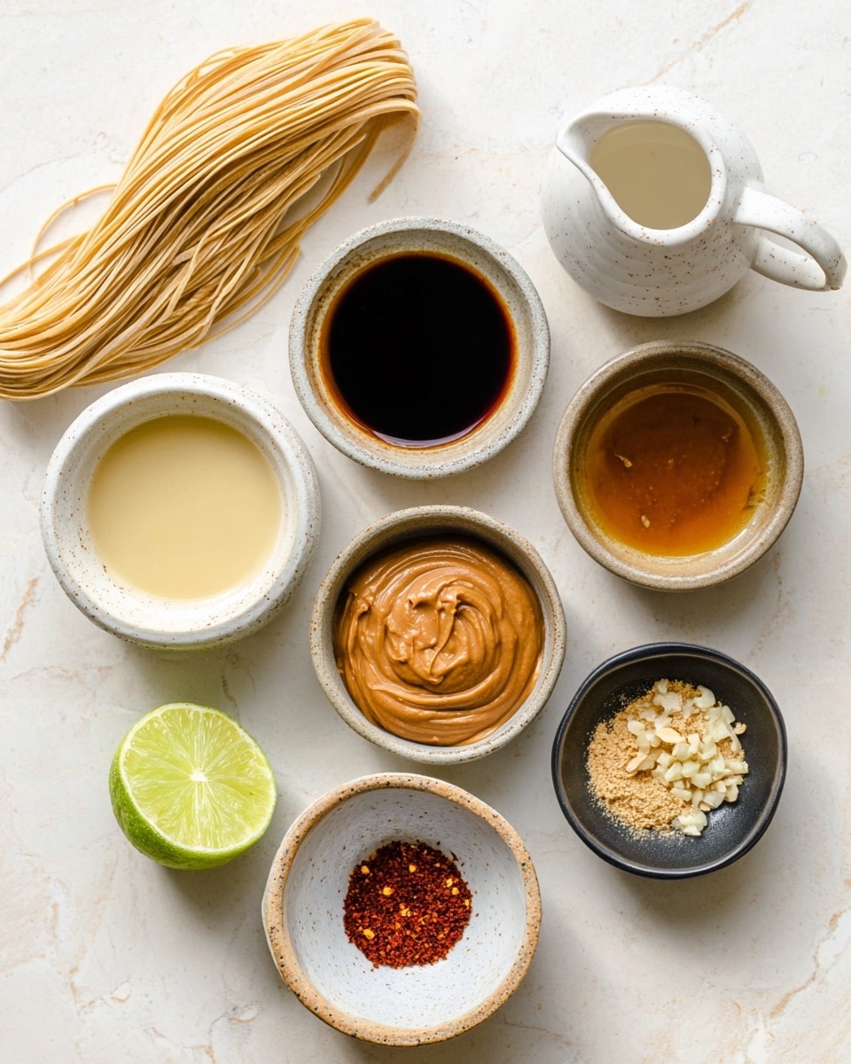 The image shows eight small dishes arranged on a white marbled surface. Starting from the top left corner, there is a small pile of uncooked beige noodles. Below that, a round bowl holds dark brown soy sauce. To its right, there's a small white speckled jug with a spout containing a white liquid. Below the soy sauce bowl is a white speckled jug with a pale yellow liquid inside, and near it to the left, there is a halved lime showing its bright green interior. Below the jug and lime is a small bowl filled with a brownish-orange smooth peanut butter or sauce. To the right of that bowl is another small dish with a shiny amber liquid. Further to the right, a black bowl contains a fine brown powder, possibly a spice. Above that, a small gray bowl holds finely chopped garlic mixed with red chili flakes. At the bottom center, a small white bowl with a beige rim contains a textured dark reddish-brown paste or sauce. The composition is neat, with soft natural light, suggesting preparation for a sauce or dressing. Photo taken with an iphone --ar 4:5 --v 7