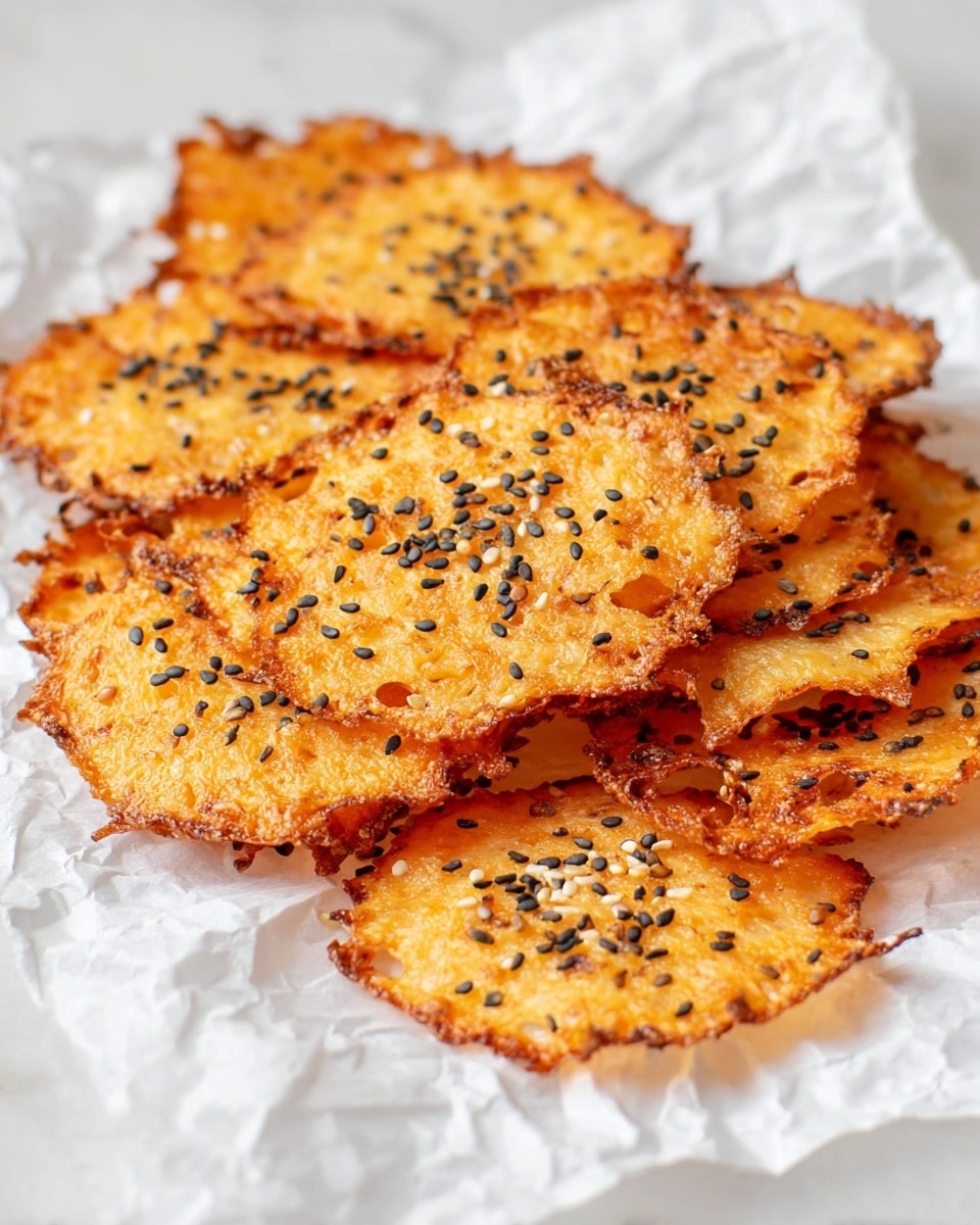 A tall stack of crispy, thin cheese crisps has about ten layers, each layer golden orange with darker brown edges indicating a crunchy texture. The layers are irregular in shape and topped with scattered black and white sesame seeds that add speckled detail. The crisps are placed on crumpled white paper, all set on a white marbled surface with a soft, bright background that highlights the warm colors of the crisps. Photo taken with an iphone --ar 4:5 --v 7