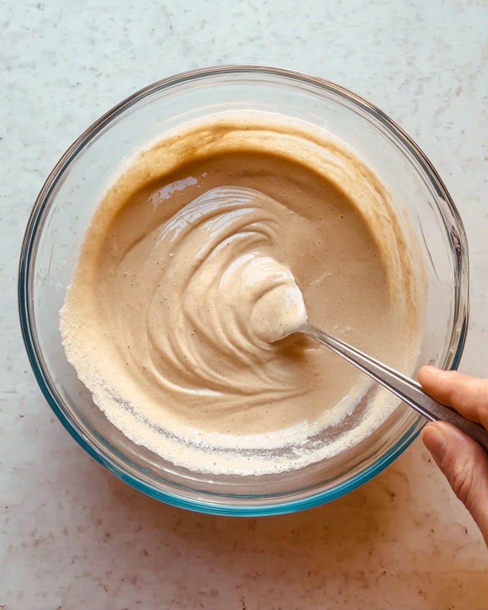 A clear glass mixing bowl filled with a smooth, light beige batter, being stirred by a metal spoon held by a woman's hand. The batter has a creamy texture with soft swirls formed by the stirring action. The clear bowl shows the batter coating the sides slightly, and the entire scene is set on a white marbled surface. photo taken with an iphone --ar 4:5 --v 7