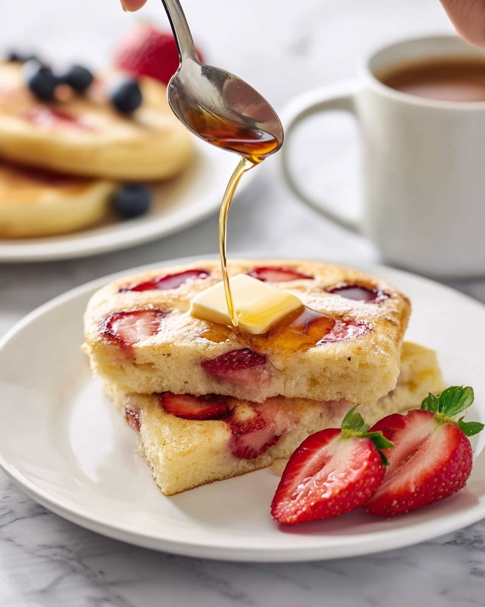 Two square, thick pancakes with golden-brown edges are stacked on a white plate. The pancakes have fresh red strawberry slices baked inside, visible on the top and sides. A small square of melting butter rests on the top pancake, and golden syrup is being drizzled over it from a spoon held by a woman's hand. Next to the pancakes on the plate are two halved fresh strawberries with green tops. In the blurred background, there is another white plate with more pancakes and blueberries, along with a white cup filled with a brown hot drink, all placed on a white marbled surface. Photo taken with an iphone --ar 4:5 --v 7