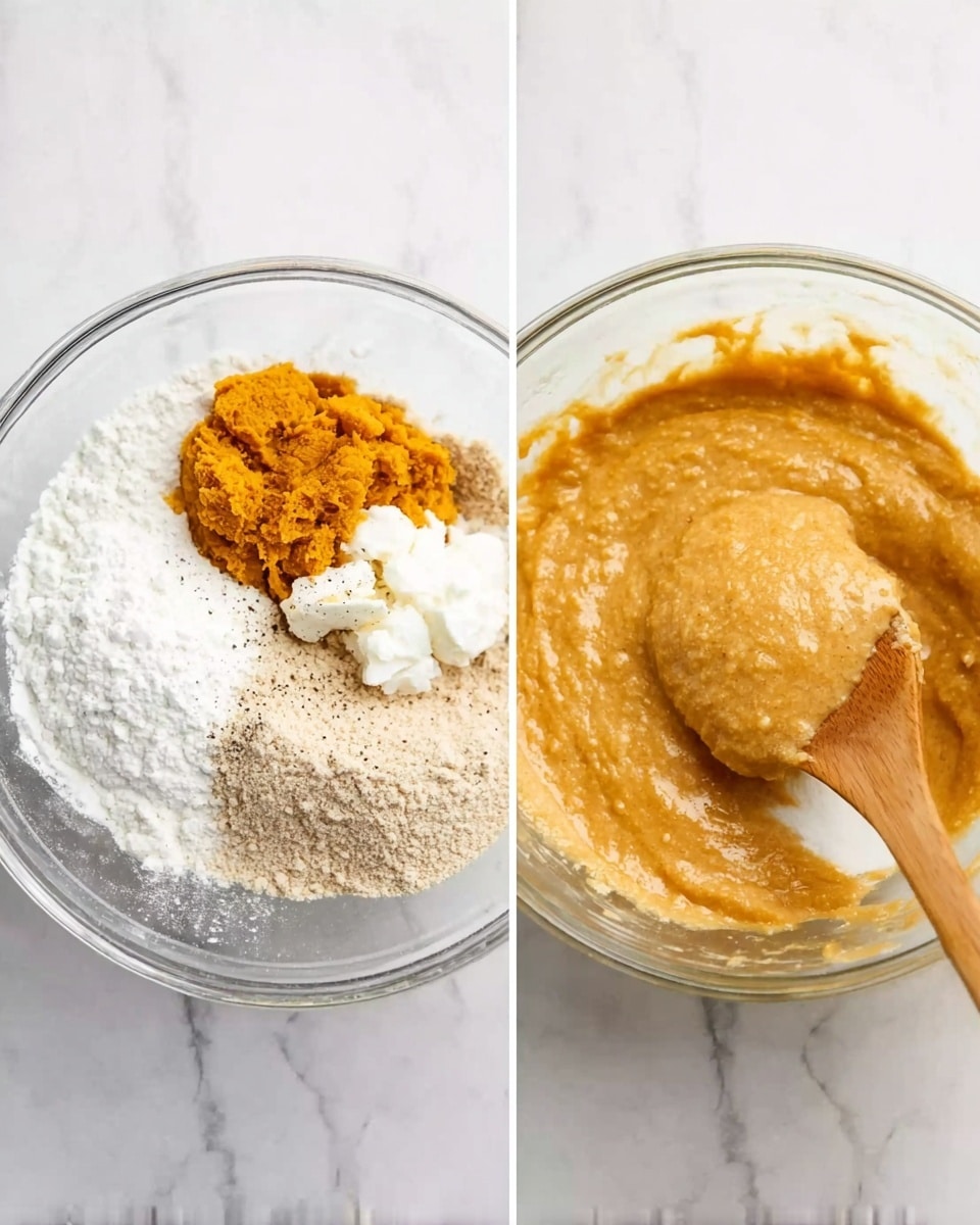 A clear glass bowl on a white marbled surface holds several uncombined ingredients arranged in separate sections: light brown pumpkin puree, white cottage cheese, pale yellow egg, light brown sugar, and white flour dusted with a bit of black pepper on top. Next to it, the same bowl shows these ingredients mixed into a smooth light brown batter with a wooden spoon partly dipped in it. Photo taken with an iphone --ar 4:5 --v 7
