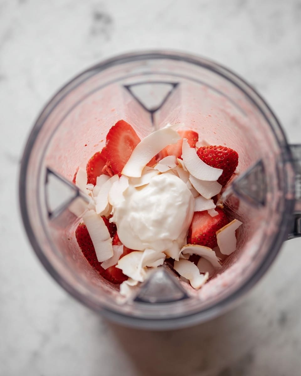 A clear blender cup holds several layers of ingredients, seen from above against a white marbled texture background. The bottom layer is a light pink liquid, followed by bright red slices of strawberry, and large white coconut flakes scattered on top. A dollop of thick white yogurt sits in the center, adding a creamy texture. The blender's clear walls and blades frame the contents clearly. Photo taken with an iphone --ar 4:5 --v 7