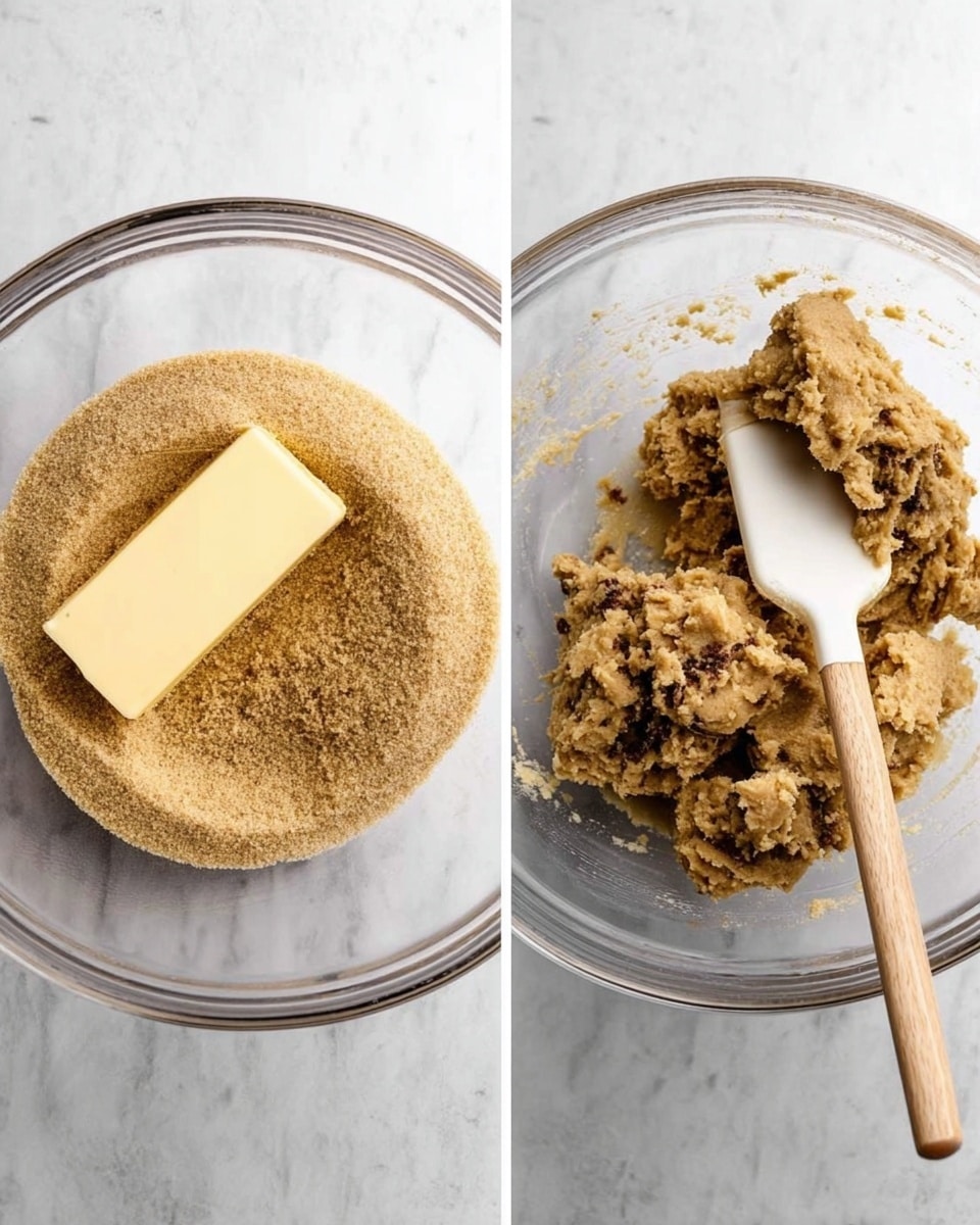 Two side-by-side photos show a clear glass bowl on a white marbled surface. The left photo has one layer of light brown sugar with a thick stick of pale yellow butter laying on the sugar's left side. The right photo shows the same bowl with a second layer: a mixed dough that is thick and light brown with a textured, rough surface and visible dark spots from added ingredients, stirred with a white spatula that has a pale wooden handle. photo taken with an iphone --ar 4:5 --v 7