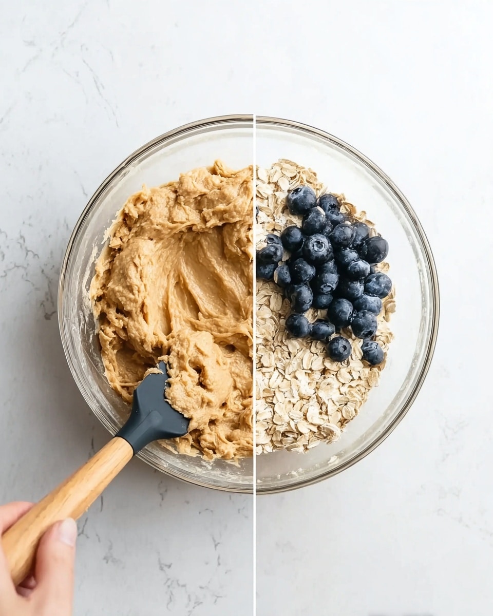 The image shows two clear glass bowls on a white marbled surface. The first bowl has two thick layers side by side: a smooth creamy brown dough on the left and light beige oat flakes on the right. A woman's hand holds a spatula with a black head and wooden handle resting on the bowl’s edge. The second bowl shows the same brown dough mixed partially with the oat flakes, and a cluster of fresh blue blueberries placed on the right side on top of the mixture. The spatula is inside the bowl, lifting some dough and oats. Photo taken with an iphone --ar 4:5 --v 7
