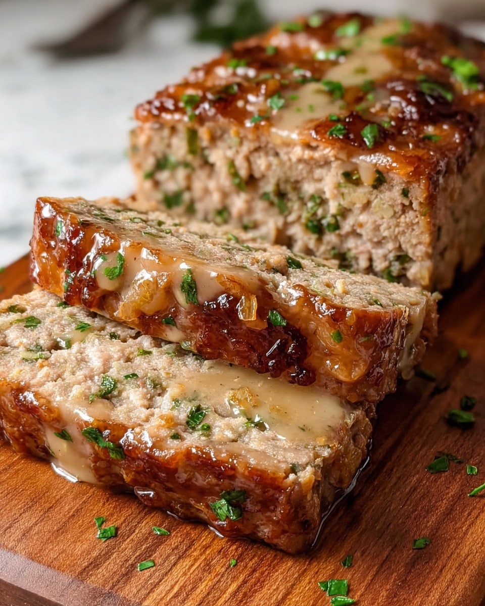 The image shows two thick rectangular slices of a golden-brown meatloaf with a textured top layer that looks slightly crispy and shiny, topped with a light glaze and small green herb pieces scattered on top. Inside, the meatloaf has a pale beige color with green herb bits mixed throughout, showing a moist and tender texture. The slices are placed on a warm wooden board with some chopped green herbs scattered around, and the background is a white marbled texture. Photo taken with an iphone --ar 4:5 --v 7
