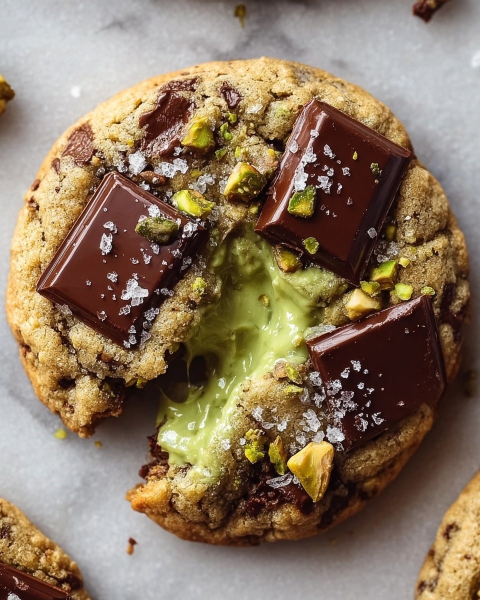 A round cookie with a rough, golden-brown outer layer showing chocolate bits baked inside. It is topped with large, square pieces of dark chocolate that are shiny and glossy. The cookie is broken open, revealing a creamy, bright green filling inside that looks smooth and soft. Small pieces of chopped pistachios and coarse sea salt crystals are sprinkled on top, adding texture and color contrast. The cookie lies on a light, white marbled surface. photo taken with an iphone --ar 4:5 --v 7