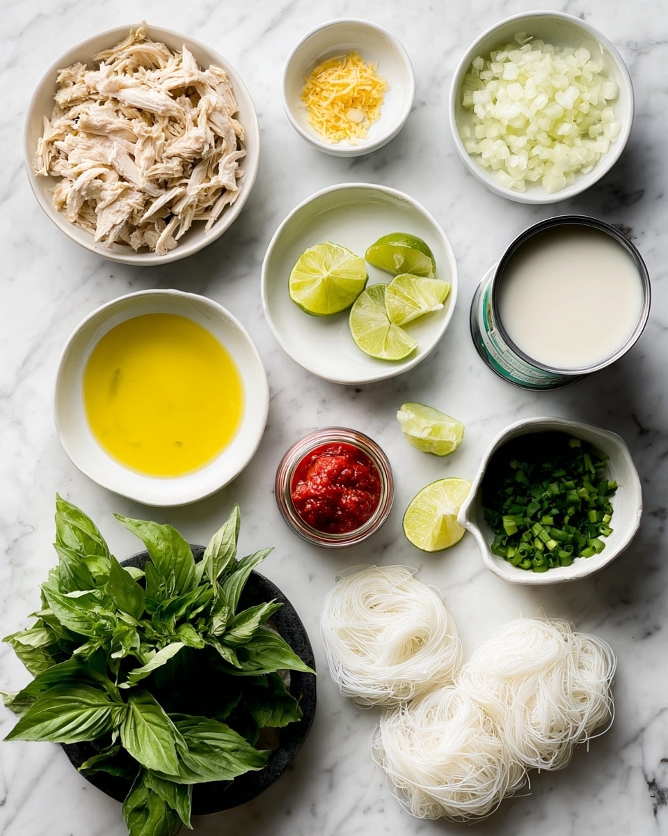 The image shows a top view of various fresh ingredients arranged neatly on a white marbled surface. Starting from the top left, there is a white bowl filled with shredded light beige chicken. Next to it on the right is a white bowl of finely chopped white onions. Below are small white dishes containing golden yellow oil, minced garlic, and grated yellow ginger. To the middle right is an open can of white coconut milk with some spilled on the surface. Below the coconut milk, there are two nests of thin white rice noodles. In the center are lime wedges with a small jar of red chili paste resting on them. On the bottom left side, there are fresh green basil leaves and a white bowl filled with fresh green cilantro leaves. Near the basil, there is another small white bowl holding chopped green onions. Photo taken with an iphone --ar 4:5 --v 7