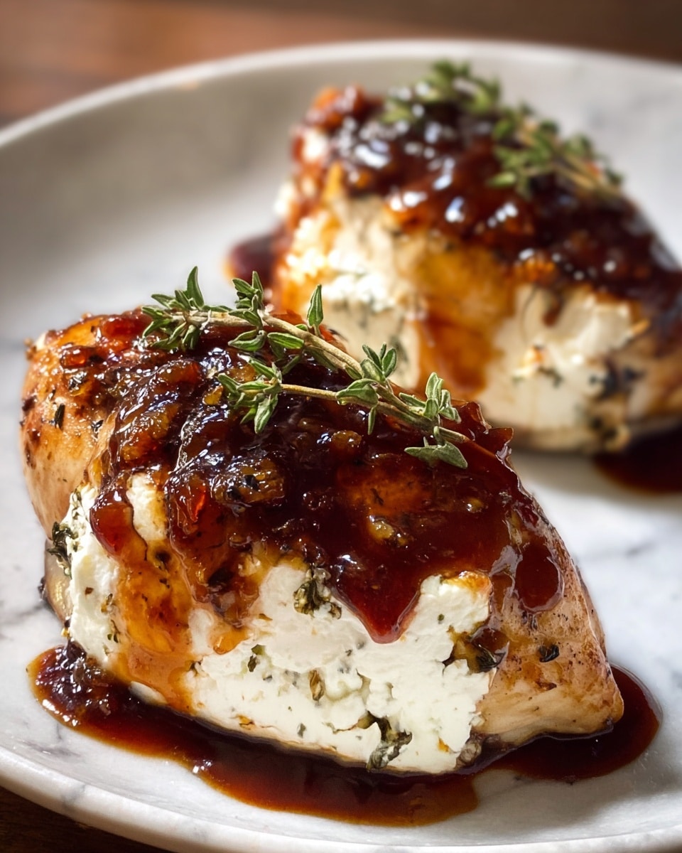 Two cooked chicken pieces are placed on a white plate with a white marbled texture background. Each piece has a layer of white, soft cheese with herbs on top. Over the cheese, there is a thick, shiny dark reddish-brown sauce spread unevenly, creating a rich glaze. Small green herb sprigs are placed on top of each chicken piece as garnish, adding a fresh touch. The chicken skin looks seared with a golden, slightly crispy texture. photo taken with an iphone --ar 4:5 --v 7
