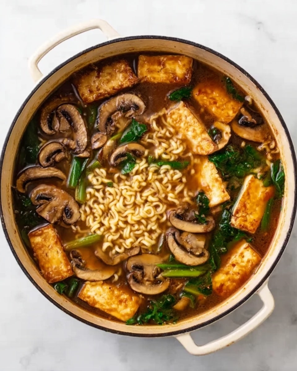 A white round pot filled with clear brown broth contains several layers of ingredients: the bottom layer consists of yellow ramen noodles, above them are large, smooth slices of brown mushrooms scattered throughout, along with pieces of golden-brown tofu that have a slightly crispy texture on the edges. Green leafy vegetables are mixed in evenly, creating a contrast of colors against the noodles, tofu, and mushrooms. The pot sits on a white marbled surface. photo taken with an iphone --ar 4:5 --v 7