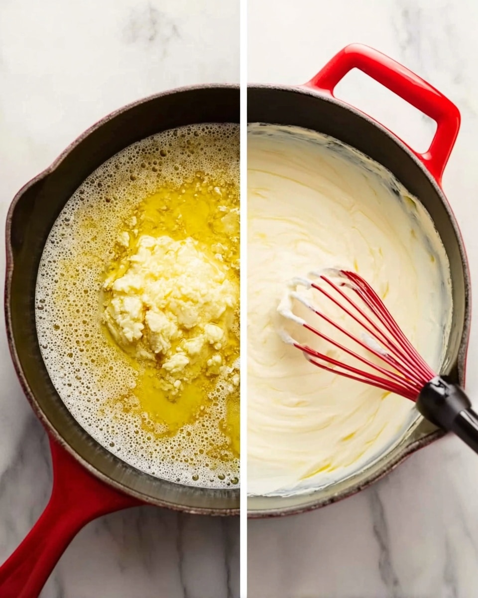 A red cast iron pan sits on a white marbled surface, shown in two stages of cooking. On the left, melted butter bubbles with a yellow, soft textured clump of garlic in the center, surrounded by frothy, shiny golden liquid around the pan edges. On the right, the pan contains a creamy white sauce with smooth yellow swirls mixing in, and a red whisk with a black handle resting inside it. The red pan handles and black interior contrast with the bright, soft colors of the ingredients. photo taken with an iphone --ar 4:5 --v 7