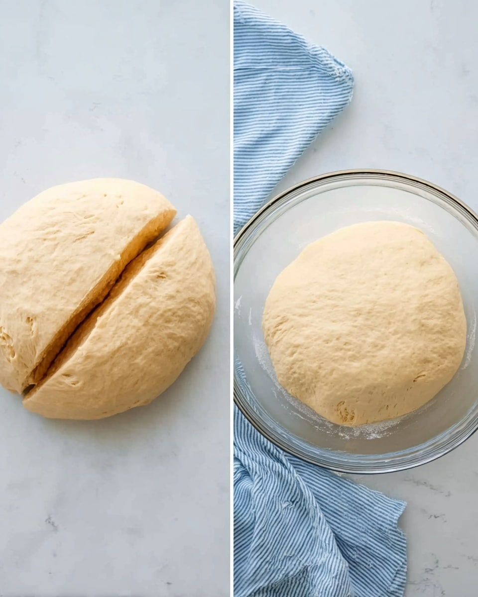 The image shows two photos side by side on a white marbled surface. On the left, there is a large ball of dough with a light beige color, split into two thick halves resting next to each other. On the right, there is a clear glass bowl with the dough inside, now risen and filling most of the bowl, looking soft and puffy with a smooth creamy texture. A light blue and white striped cloth is partly visible near the bowl. Photo taken with an iphone --ar 4:5 --v 7
