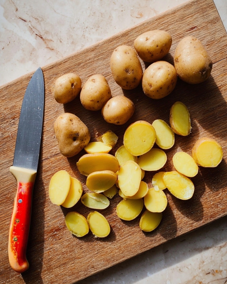 The image shows several small brown potatoes on a wooden cutting board with a knife. Some potatoes are whole while others are cut in half, revealing a yellowish inside. The knife has a red and orange handle and there are many halved potatoes lying flat with the cut side facing up. The background has a white marbled texture. photo taken with an iphone --ar 4:5 --v 7