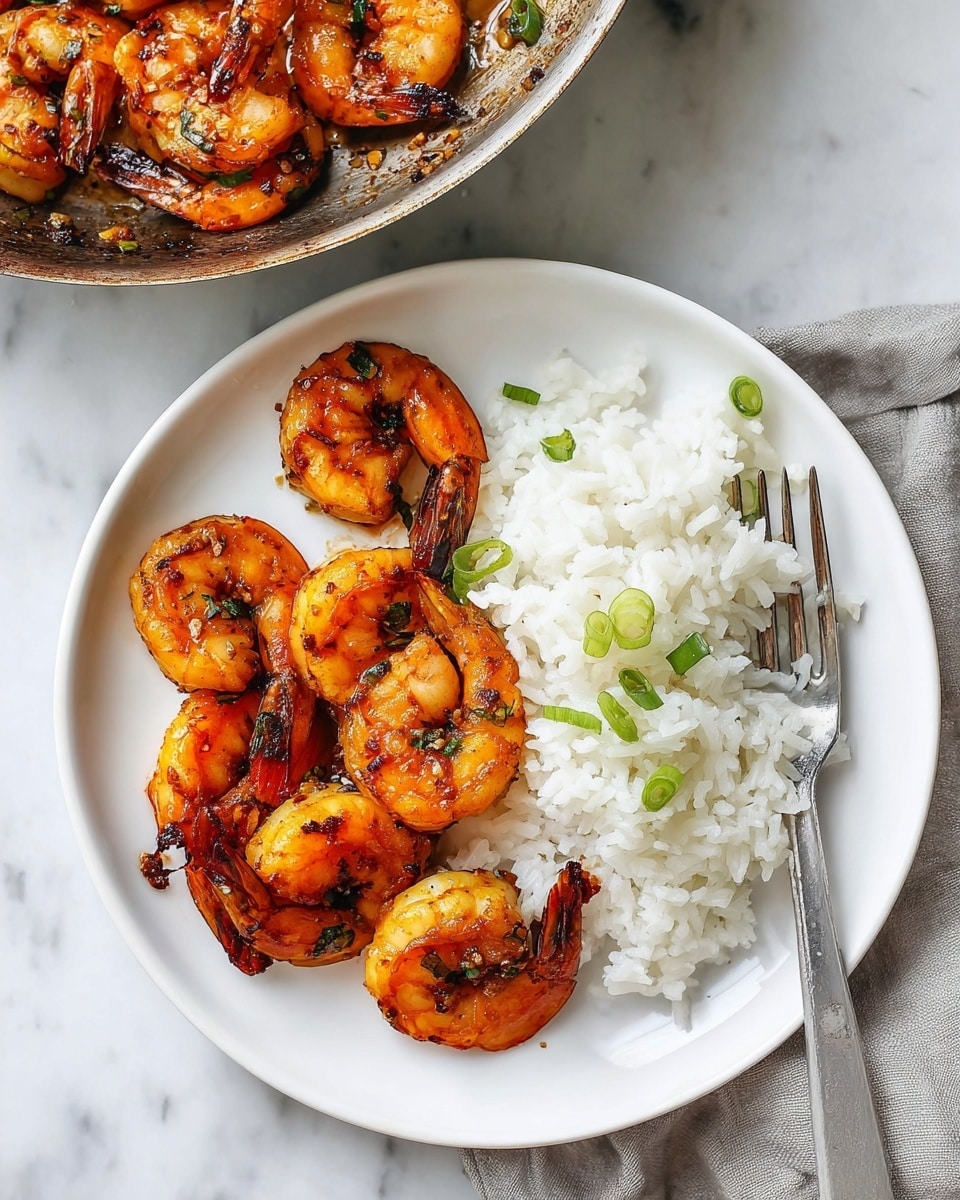 A white plate sits on a white marbled surface, holding a portion of white rice on the right side, with a few green onion slices sprinkled on top. On the left side of the plate, there are seven grilled shrimp, orange with char marks and small green herb bits on them. A silver fork rests on the right edge of the plate, its prongs touching the rice. Above the plate, part of a skillet filled with more cooked shrimp is visible. The overall tones are warm and inviting with a clean and simple setting. photo taken with an iphone --ar 4:5 --v 7