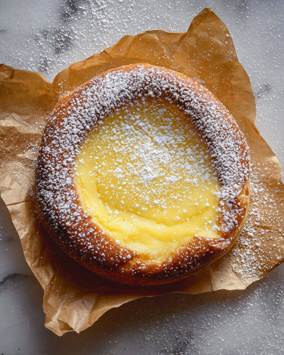 A round pastry with one thick golden brown layer surrounds a yellow creamy center that looks soft and smooth. The top of the pastry is lightly dusted with white powdered sugar, adding a gentle snowy touch. It sits on crinkled parchment paper with some powdered sugar scattered around on a white marbled surface. The pastry’s edges are slightly shiny and look tender, with an even golden color. photo taken with an iphone --ar 4:5 --v 7