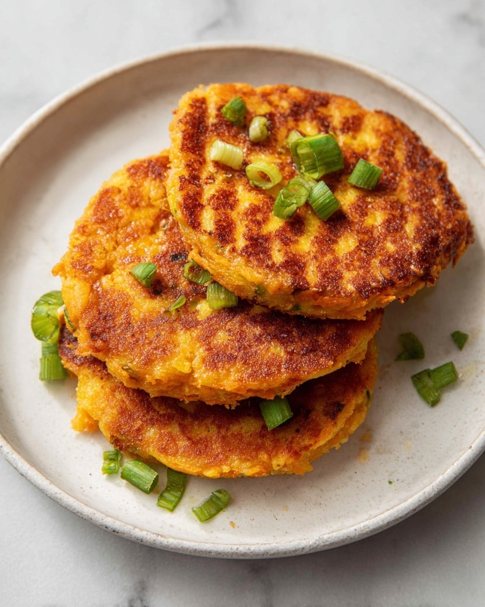 Three round, golden-brown patties with grill marks are stacked on a simple white plate. The patties have a crisp outer texture with some edges slightly uneven and a rich, warm orange color mixed with lighter yellow spots. Small pieces of chopped green onion are sprinkled on top and around the patties, adding a fresh green contrast. The plate sits on a white marbled surface. Photo taken with an iphone --ar 4:5 --v 7