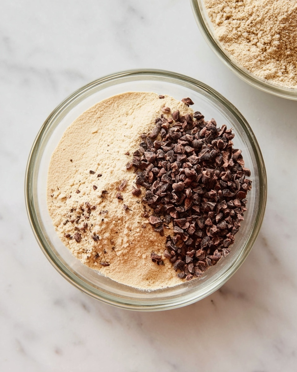 The image shows two clear glass bowls placed on a white marbled surface, each containing a half-and-half mix of light beige powder and dark brown cacao nibs. The mixture creates a contrast with the smooth, fine texture of the powder on one side and the rough, chunky texture of the cacao nibs on the other side. One bowl is fully visible in the lower part of the image, while the top part of another bowl is partially shown near the upper edge of the frame. The overall look is clean and simple, highlighting the natural colors and textures of the ingredients photo taken with an iphone --ar 4:5 --v 7